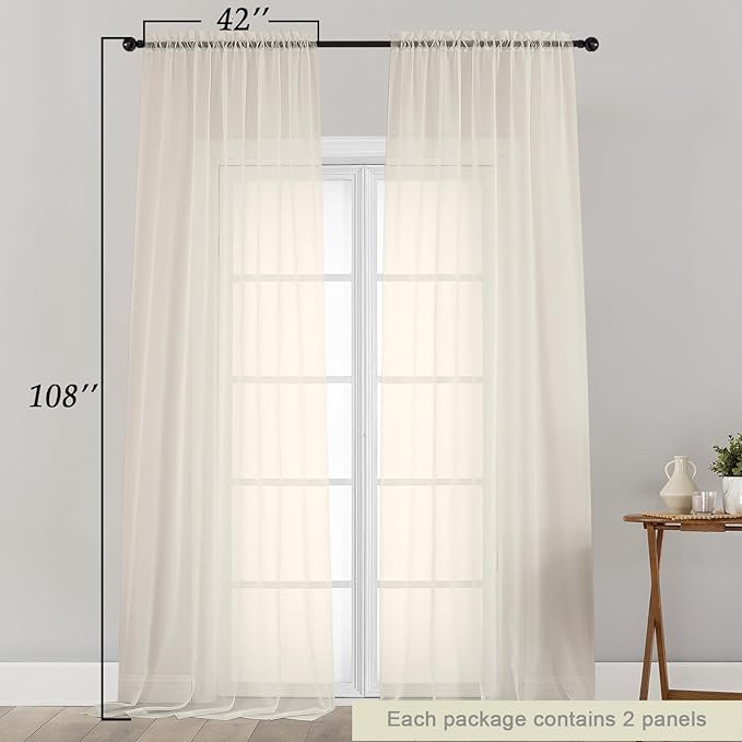 Extra Long Sheer Cream Curtains for Bedroom Living Room 108 Inches Long 2 Panels Set, Solid Soft Light Filtering Rod Pocket Sheer Window Curtains, Cream, Each 42" Wx108 L Inch