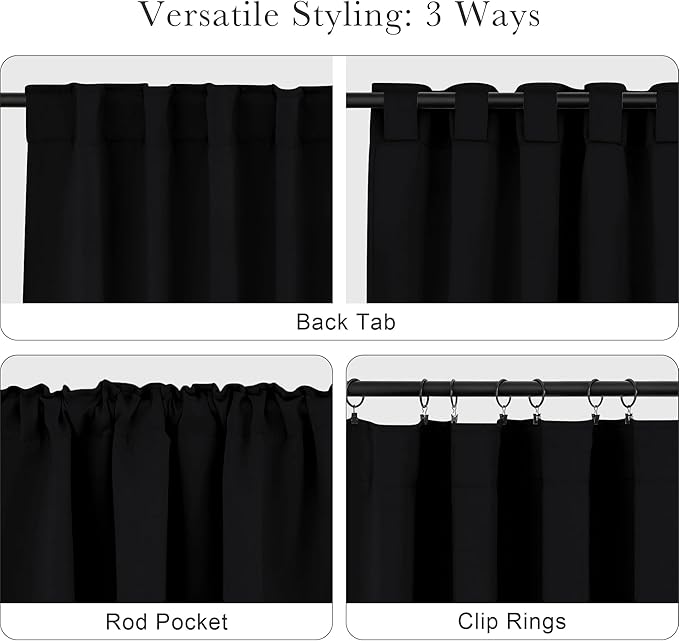 PONY DANCE Blackout Curtain Blinds - 42-inch Wide by 84-inch Long, Black Thermal Insulated Light Block Back Tab/Rod Pocket Curtains Window Cover Shades for Bedroom Living Room, 2 Panels