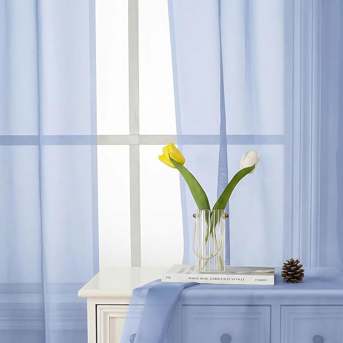 Lecloud Denim Blue Sheer Curtains 54 Inch Length 2 Panels, Voile Light Filtering Bedroom Curtains for Living Room Windows, Rod Pocket Rustic Solid Drapes for Dining Room, Each Panel 42" W x 54" L