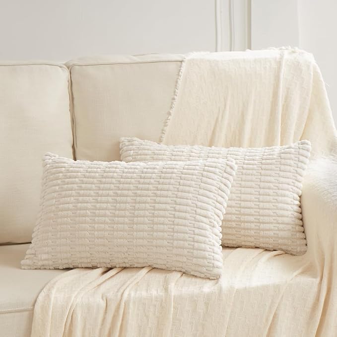 Fancy Homi 4 Packs Boho Cream Decorative Throw Pillow Covers 12x20 Inch for Living Room Couch Bed Sofa, Rustic Modern Farmhouse Home Decor, Soft Plush Corduroy Beige Cute Square Cushion Case 30x50 cm