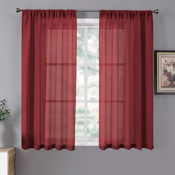 Tollpiz Short Sheer Curtains Living Room Linen Textured Curtain Sheers Light Filtering Voile Rod Pocket Curtains for Bedroom, 38 x 45 inches Long, Burgundy Red, Set of 2 Panels