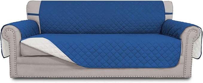 Easy-Going Reversible Oversized Couch Cover for 3 Cushion Couch Sofa Cover for Dogs Water Resistant Furniture Protector Cover with Foam Sticks for Pet Cat (Oversized Sofa, Blue/Ivory)