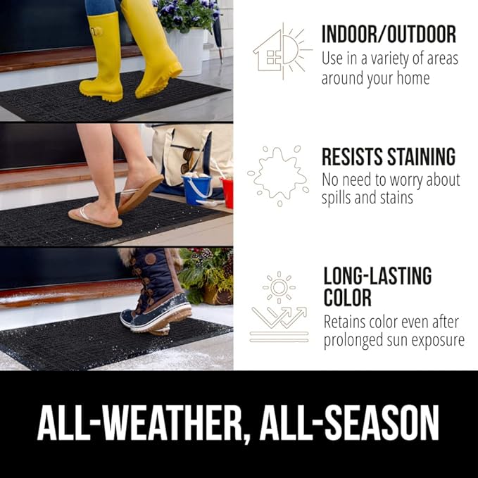 GORILLA GRIP 100% Waterproof All-Season WeatherMAX Doormat, 72x24, US Designed Natural Rubber, Stain and Fade Resistant, Low Profile Indoor Outdoor Door Mats, Easy Clean Patio Mat, Black Maze