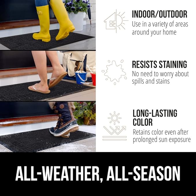 GORILLA GRIP 100% Waterproof All-Season WeatherMAX Doormat, 47x35, US Designed Natural Rubber, Stain and Fade Resistant, Low Profile Indoor Outdoor Door Mats, Easy Clean Patio Mat, Black Maze