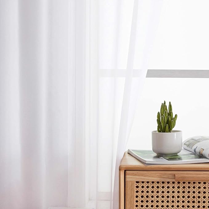 Kitchen Curtains 24 Inch Length Tier 2 Pieces, White Sheer Curtain Solid Soft Sheer Short Curtains for Windows, Cafe Bathroom Basement Rod Pocket Drapes, White, Each 42" Wx24 L Inches