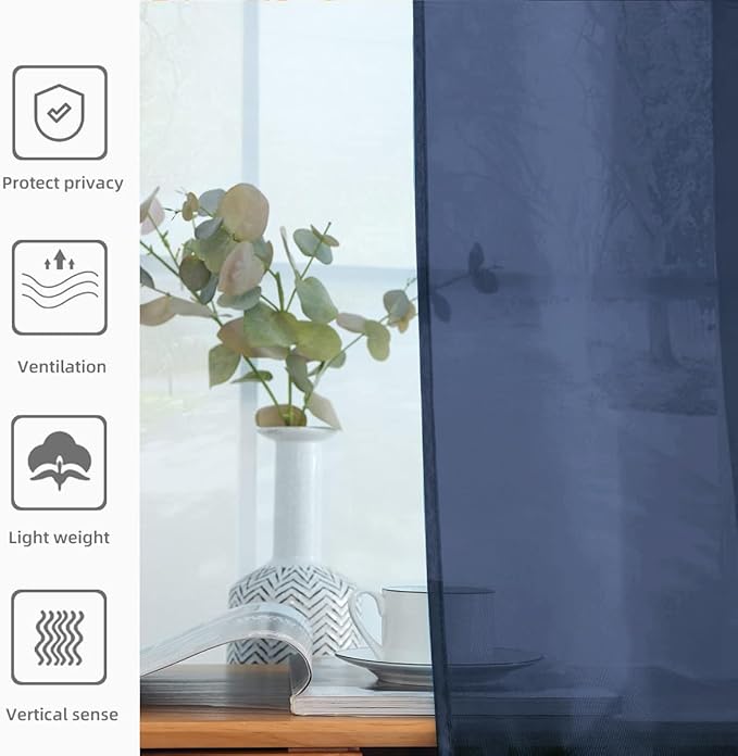 youleyar Solid Sheer Rod Pocket Curtain Voile Draperies 2 Panels White Beige Black Grey Coffee 52 Inch Width 45 Inch Long 1 Pair for Kitchen Bedroom Children Living Room Yard (Navy,52Wｘ45L)