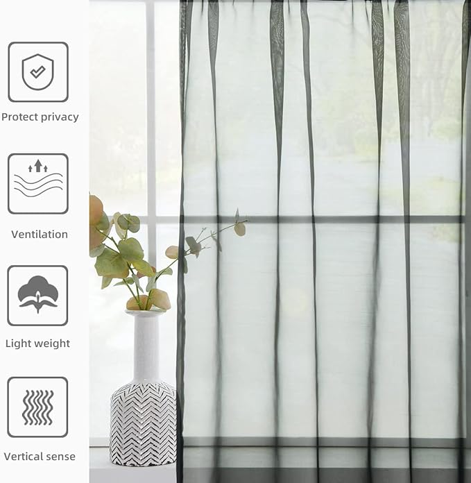 youleyar Solid Sheer Rod Pocket Curtain Voile Draperies 2 Panels White Beige Black Grey Coffee 70 Inch Width 108 Inch Long 1 Pair for Kitchen Bedroom Children Living Room Yard(Black,70Wｘ108L)
