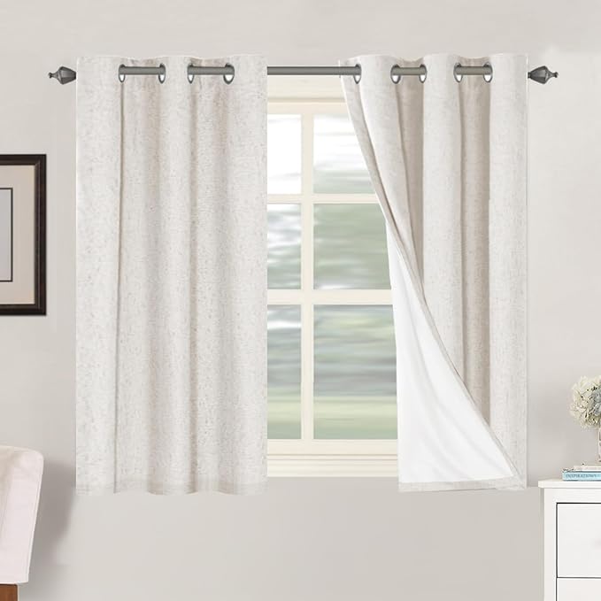 H.VERSAILTEX Primitive Linen Curtains 100% Blackout Curtain Drapes Burlap Fabric Curtains with White Thermal Insulated Liner, Grommet Top Drapes Living Room/Bedroom (2 Panels, 42 x 45 Inch, Ivory)