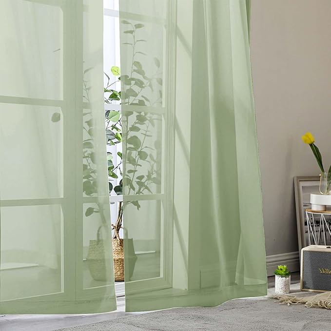Extra Long Sheer Light Green Curtains for Bedroom Living Room 108 Inches Long 2 Panels Set, Solid Soft Light Filtering Rod Pocket Sheer Window Curtains, Light Green, Each 42" Wx108 L Inch