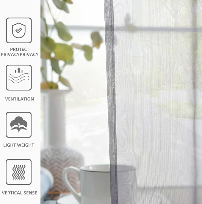 youleyar Solid Sheer Rod Pocket Curtain Voile Draperies 2 Panels White Beige Black Ivory Grey 26 Inch Width 40 Inch Long 1 Pair for Kitchen Bedroom Children Living Room Yard(Grey,26W x 40L)