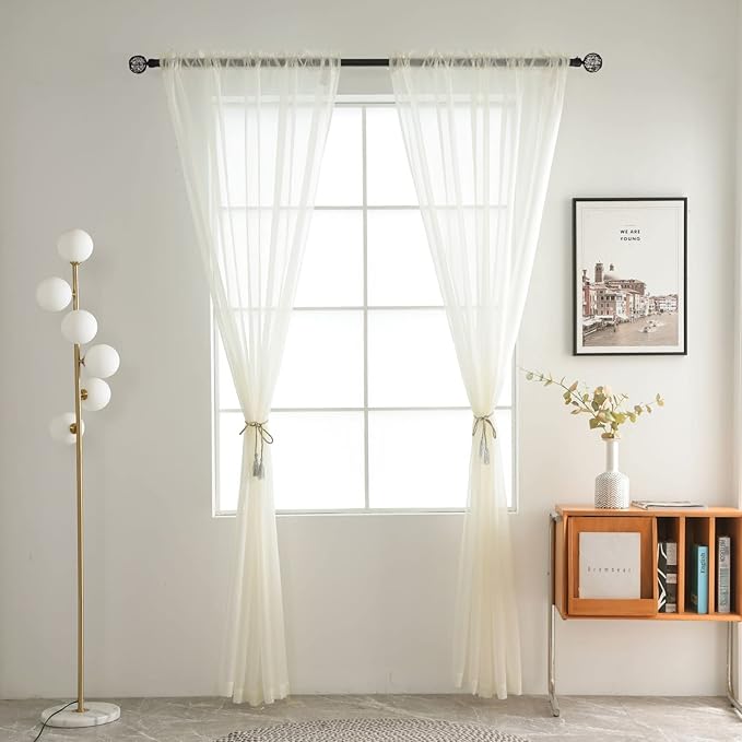 SpaceDresser Basic Rod Pocket Sheer Voile Window Curtain Panels White 1 Pair 2 Panels 38 Width 84 Inch Long for Kitchen Bedroom Children Living Room Yard(Ivory,38 W x 84 L)