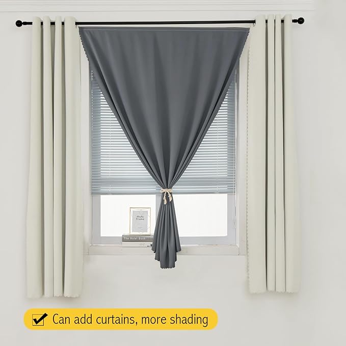 Magic Tape Stick On Curtains Window Shades Pull Down Blackout Window Cover Blackout Curtains for Bedroom No Drillng Self Adhesive Curtains No Rod, 35" W X 59" L, Grey, 1 Panel