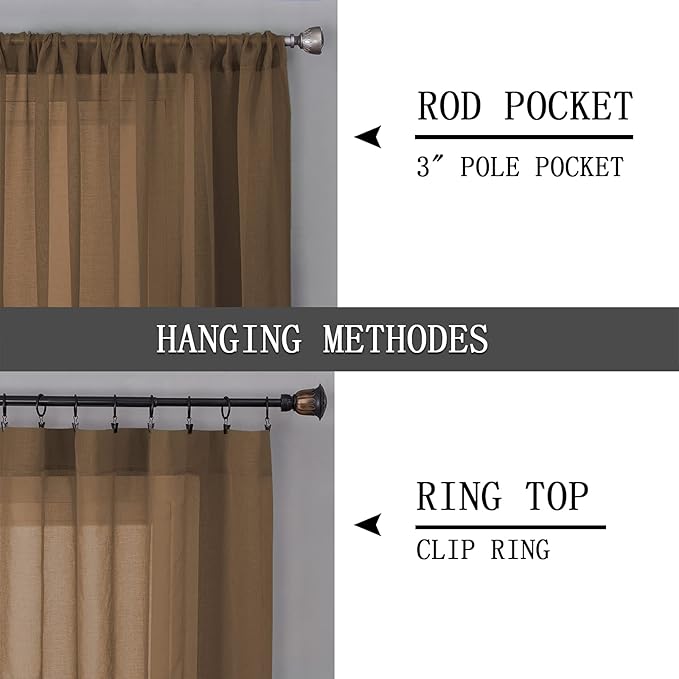 Tollpiz Sheer Curtain Linen Textured Living Room Curtains Sheer Light Filtering Rod Pocket Voile Curtain for Bedroom, 54 x 72 inches Long, Brown, Set of 2 Panels