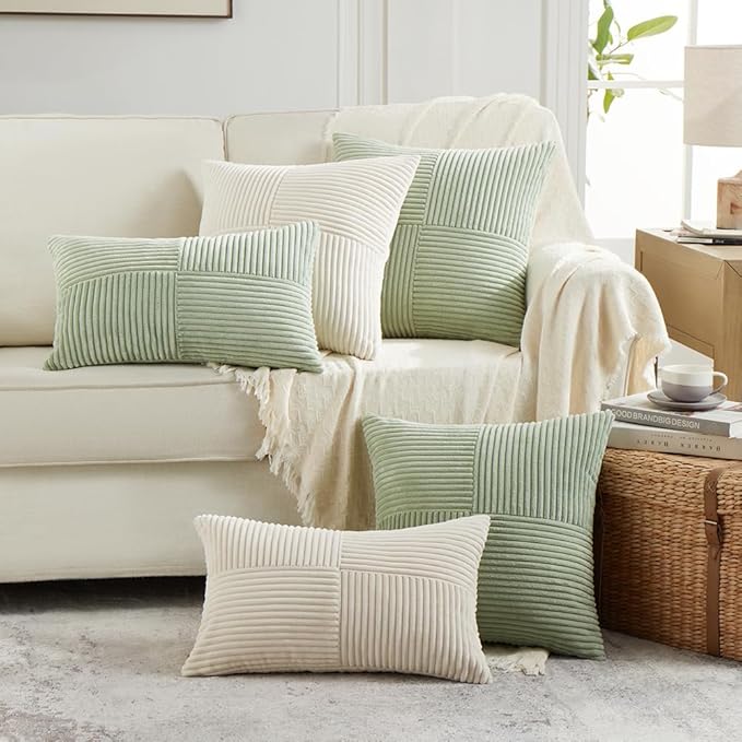 Fancy Homi 2 Packs Cream Long Lumbar Decorative Throw Pillow Covers 12x24 Inch for Couch Bed Sofa, Rustic Farmhouse Boho Home Decor, Soft Striped Corduroy Rectangle Accent Cushion Case 30x60 cm
