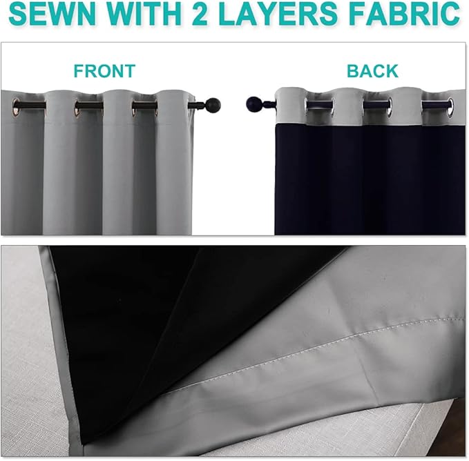 NICETOWN Extra Long Truly Blackout Drapes for Hall and Villa, 46-inch Width Each Panel, 45-inch Length, Silver Grey, 2 Pieces, 100% Blackout Window Curtains with Black Lined for Night Shift Worker