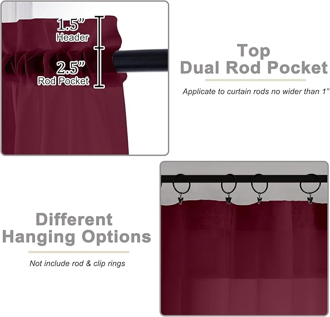 Extra Long Sheer Burgundy Curtains for Bedroom Living Room 120 Inches Long 2 Panels Set, Solid Soft Light Filtering Rod Pocket Sheer Window Curtains, Burgundy, Each 42" Wx120 L Inch