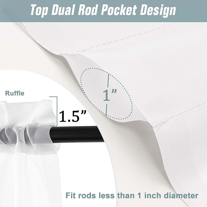 White Window Sheer Curtains 45 Inches Length, Voile Short Curtains for Living Room Bedroom, Modern Soft Window Drapes 2 Panels Set, Top Dual Rod Pocket Design, 2x42Wx45L Inches