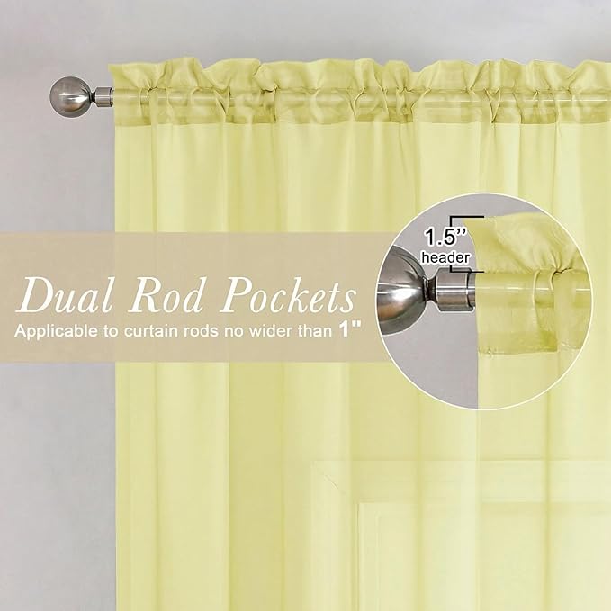 Lecloud Goose Yellow Sheer Curtains 54 Inch Length 2 Panels, Voile Light Filtering Bedroom Curtains for Living Room Windows, Rod Pocket Rustic Solid Drapes for Dining Room, Each Panel 42" W x 54" L
