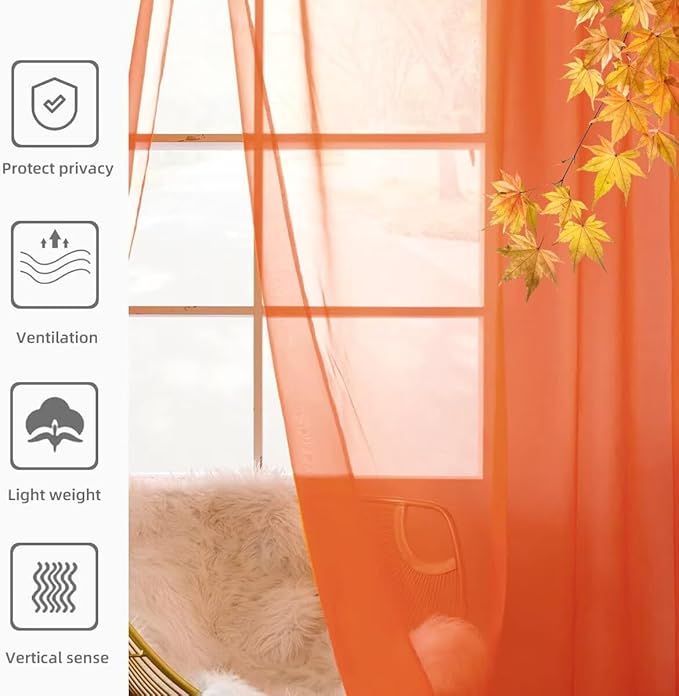 youleyar Solid Sheer Rod Pocket Curtain Voile Draperies 2 Panels White Beige Black Grey Coffee 52 Inch Width 96 Inch Long 1 Pair for Kitchen Bedroom Children Living Room Yard (Burnt Orange,52Wｘ96L)