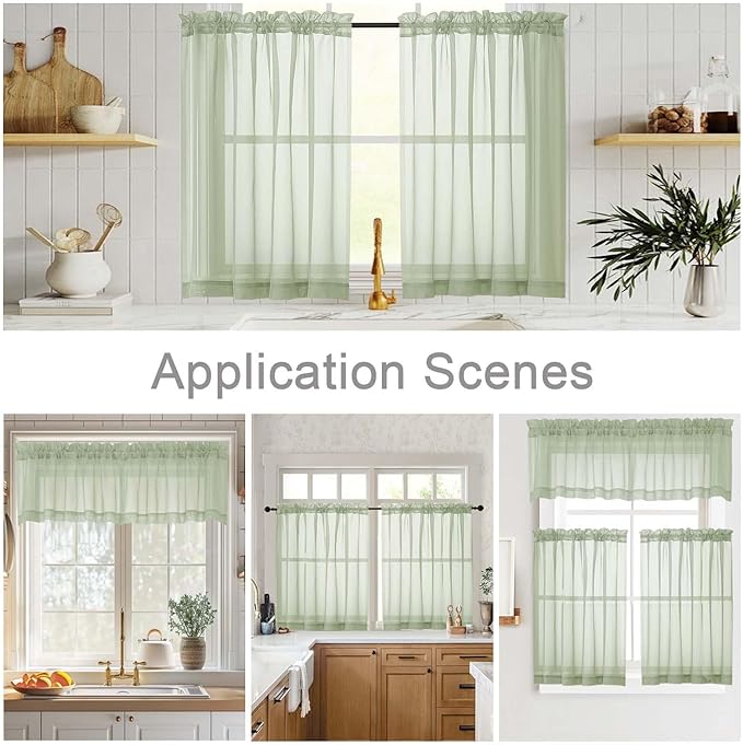 Kitchen Curtains 24 Inch Length Tier 2 Pieces, Light Green Sheer Curtain Solid Soft Sheer Short Curtains for Windows, Cafe Bathroom Basement Rod Pocket Drapes, Each 42" Wx24 L Inches