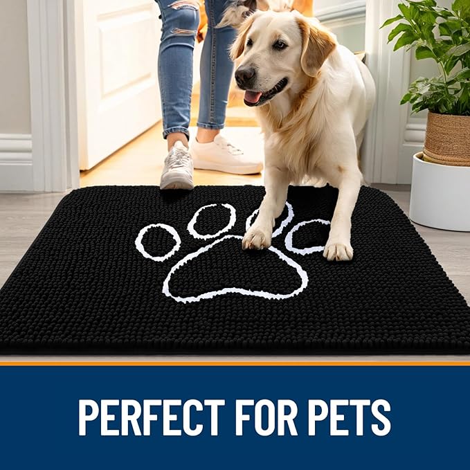 OLANLY Dog Door Mat for Muddy Paws 70x35, Paw Print Design, Absorbs Moisture and Dirt, Absorbent Non-Slip Washable Doormat, Quick Dry Chenille Mud Mat for Dogs, Entry Indoor Entryway Carpet, Black