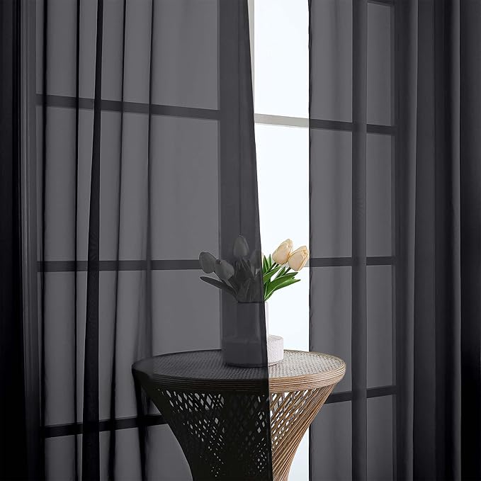 Chyhomenyc Extra Long Black Sheer Curtains 120 Inches Long 2 Panels, Light Filtering Black Curtains for Living Room, Soft Gentle Voile Rod Pocket Bedroom Window Drapes, 59Wx120L Inch, 10FT, 2PCS