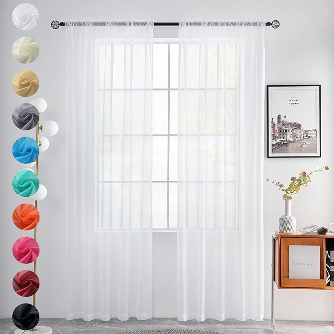 youleyar Solid Sheer Rod Pocket Curtain Voile Draperies 2 Panels White Beige Black Grey Coffee 52 Inch Width 108 Inch Long 1 Pair for Kitchen Bedroom Children Living Room Yard(White,52Wｘ108L)