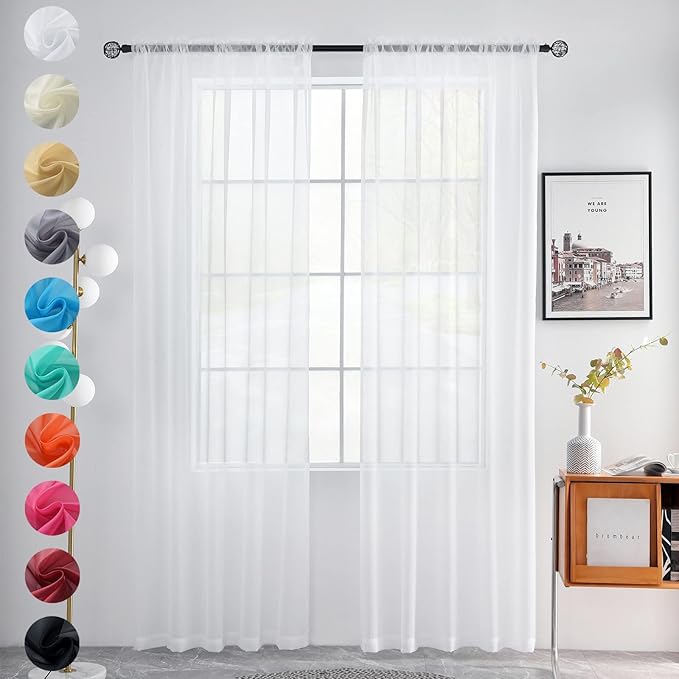 youleyar Solid Sheer Rod Pocket Curtain Voile Draperies 2 Panels White Beige Black Grey Coffee 52 Inch Width 36 Inch Long 1 Pair for Kitchen Bedroom Children Living Room Yard(White,52Wｘ36L)