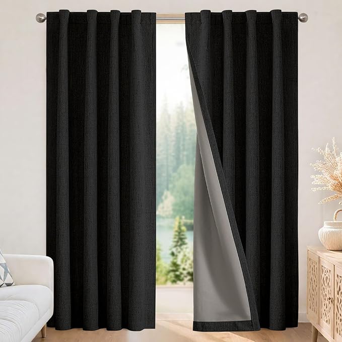 Joydeco Blackout Curtains for Bedroom - 100% Light Blocking 2 Panels Set Black Drapes 42" W x 72" L, Thermal Insulated Room Darkening Curtains, Linen Textured for Living Room, Rod Pocket & Back Tabs