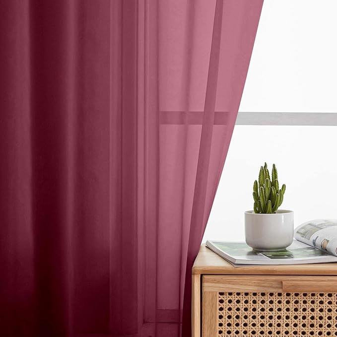 Burgundy Sheer Curtain for Bedroom Living Room 78 Inches Long 2 Panels Set, Solid Soft Airy Light Filtering Sheer Window Curtains, Modern Rod Pocket Door Curtain, Burgundy, 42" Wx78 L Inches