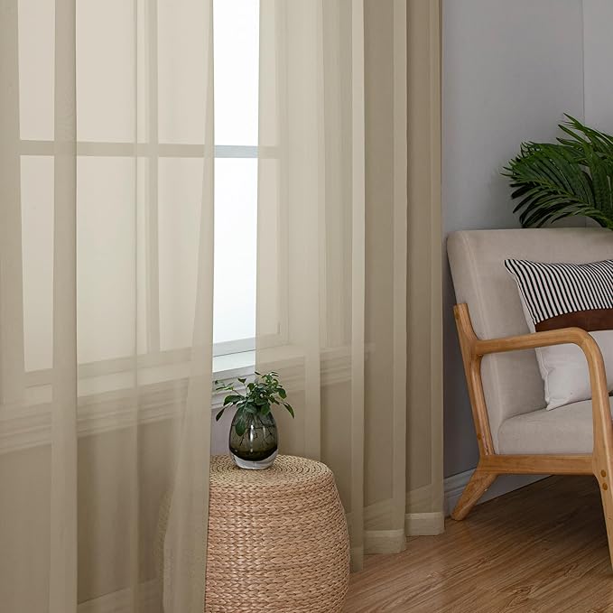 Lecloud Taupe Sheer Curtains 72 Inch Length 2 Panels, Light Filtering Soft Solid Voile Tan Sheer Curtain for Bedroom Living Room, Airy Gauzy Double Rod Pockets Window Drapes, Each 42Wx72L Inches