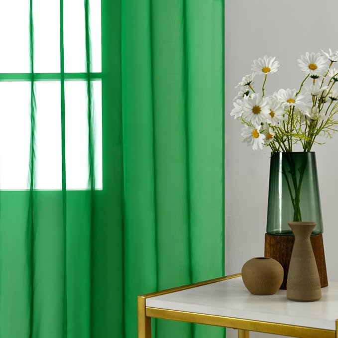 youleyar Solid Sheer Rod Pocket Curtain Voile Draperies 2 Panels White Beige Black Ivory Coffee 26 Inch Width 30 Inch Long 1 Pair for Kitchen Bedroom Children Living Room Yard(Green,26W x 30L)