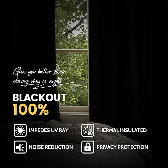 Yakamok 100% Blackout Curtain Panels 84 inches Cold and Light Blocking Drapes for Nursery, 2 Thick Layers Thermal Insulated Draperies (2 Pieces, 50 Wide Each Panel, Black Front with White Backing)
