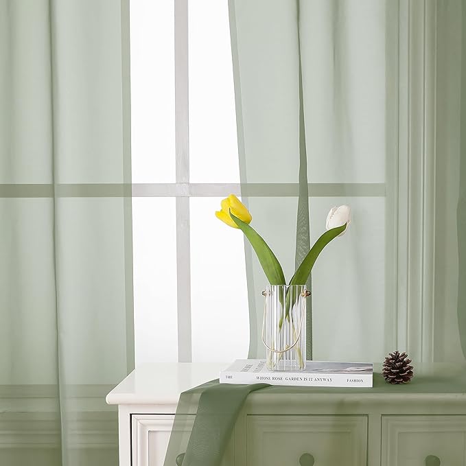 Lecloud Sage Green Sheer Curtains 84 Inches Long 2 Panels Set, Solid Voile Light Filtering Airy Window Treatments for Living Room, Elegant Bedroom Sheer Curtain Drapes, Sage Green, 40" W x 84" L