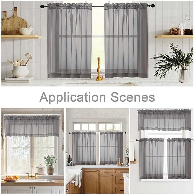 Kitchen Curtains 24 Inch Length Tier 2 Pieces, Grey Sheer Curtain Solid Soft Sheer Short Curtains for Windows, Cafe Bathroom Basement Rod Pocket Drapes, Grey, Each 42" Wx24 L Inch