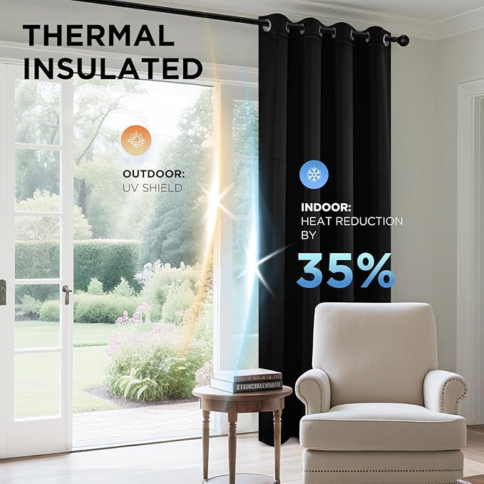 Joydeco Blackout Curtains 63 Inch Length 2 Panels Set, Thermal Insulated Long Curtains& Drapes 2 Burg, Room Darkening Grommet Drapes for Living Room Bedroom Window (W52 x L63 Inch, Black)