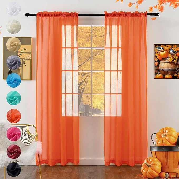 youleyar Solid Sheer Rod Pocket Curtain Voile Draperies 2 Panels White Beige Black Grey Coffee 52 Inch Width 72 Inch Long 1 Pair for Kitchen Bedroom Children Living Room Yard (Burnt Orange,52Wｘ72L)