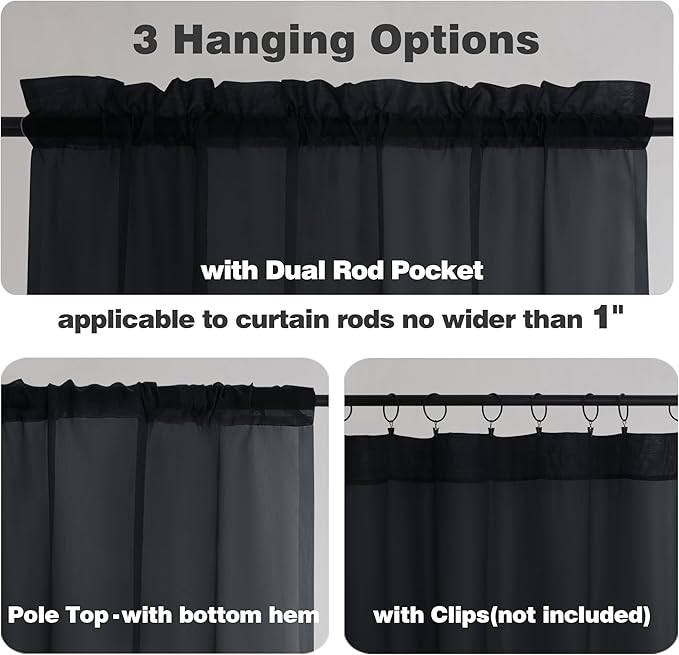 Chyhomenyc Black Sheer Tier Curtains 24 Inch Length, Small Window Curtains Treatment for Bathroom/Living Room/Cafe/Basement, Short Voile Curtain Tiers, 42W x 24L, Rod Pocket, 2 PCS