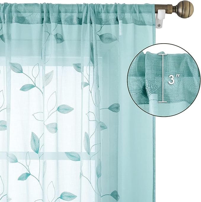 HOMEIDEAS Turquoise Aqua Sheer Curtains 52 X 96 Inches Length 2 Panels Embroidered Leaf Pattern Pocket Faux Linen Floral Teal Voile Window Drapes for Bedroom Living Room