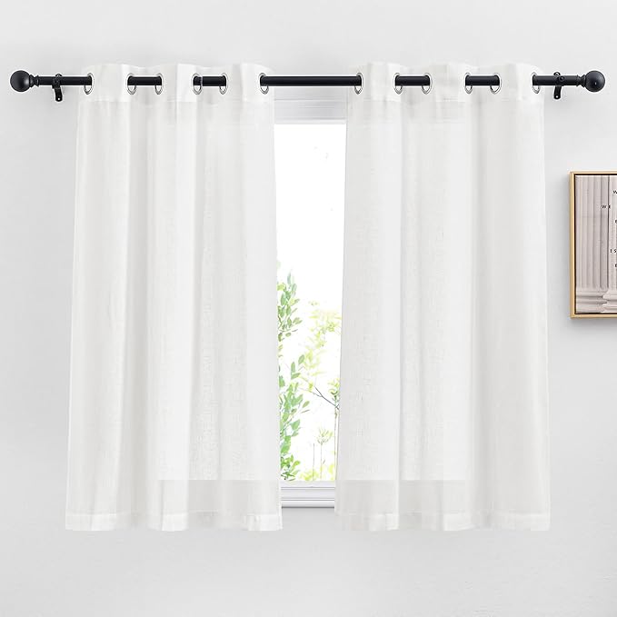 NICETOWN White Short Curtains 36 inches Long, Grommet Semi Sheer Linen Blend Causal & Rustic Light Filtering Kitchen Curtains & Drapes for Cafe/Nursery, W29 x L36, 2 Panels