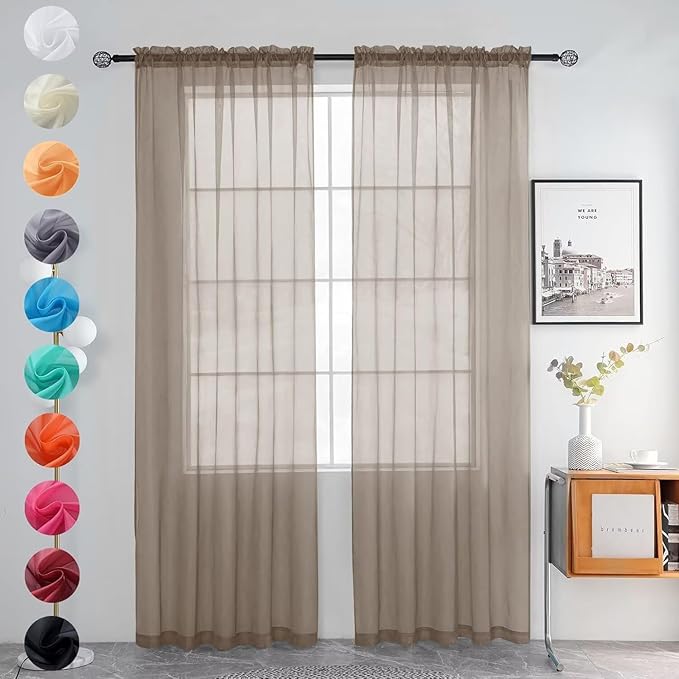youleyar Solid Sheer Rod Pocket Curtain Voile Draperies 2 Panels White Beige Black Grey Ivory 52 Inch Width 72 Inch Long 1 Pair for Kitchen Bedroom Children Living Room Yard (Taupe,52Wｘ72L)