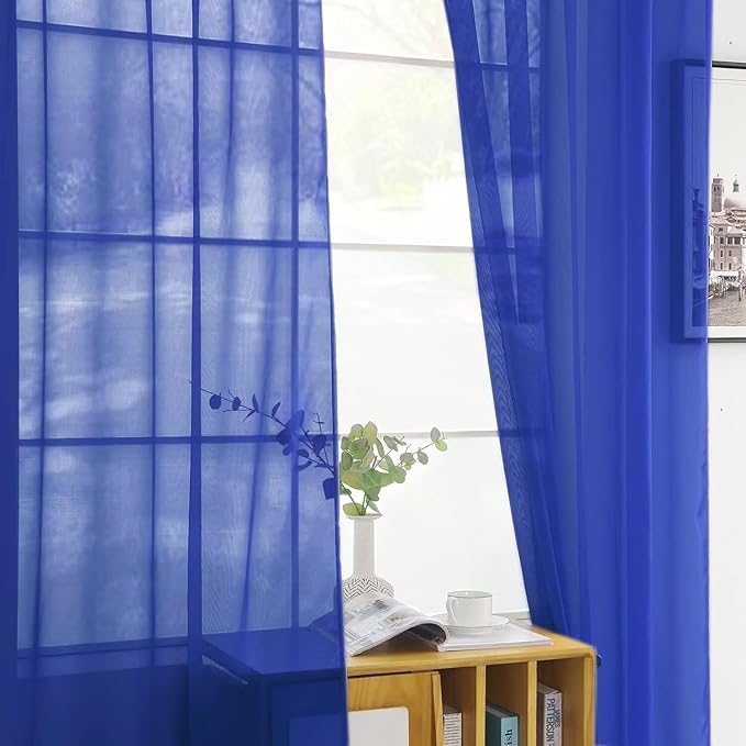 Youleyar Solid Sheer Rod Pocket Curtain Voile Draperies 2 Panels White Beige Black Ivory Coffee 26 Inch Width 40 Inch Long 1 Pair for Kitchen Bedroom Children Living Room Yard(Blue Sapphire,26W x 40L)