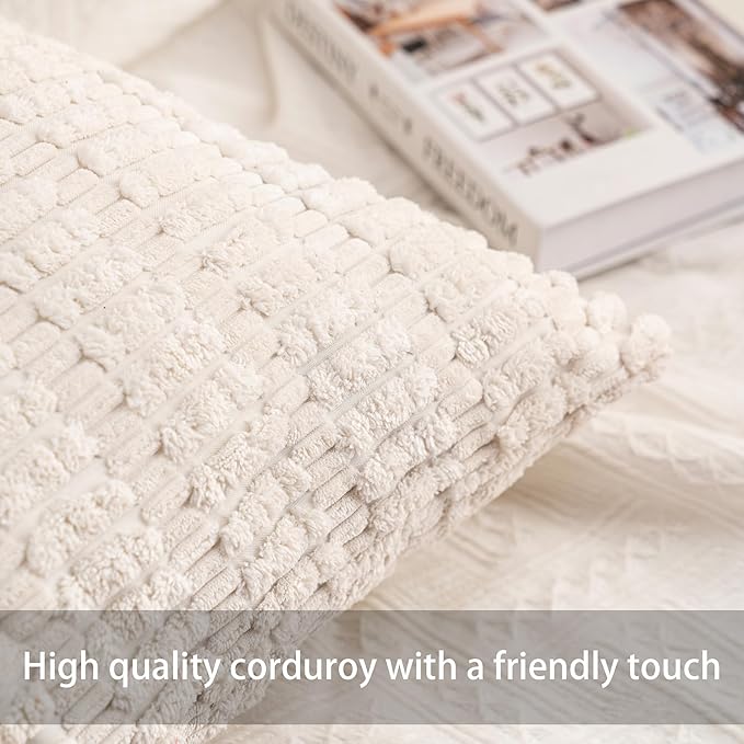 Corduroy Decorative Throw Pillow Covers 14x36 Inch Soft Striped Pillow Covers Modern Farmhouse Home Decor for Sofa Living Room Couch Bed（Cream White）
