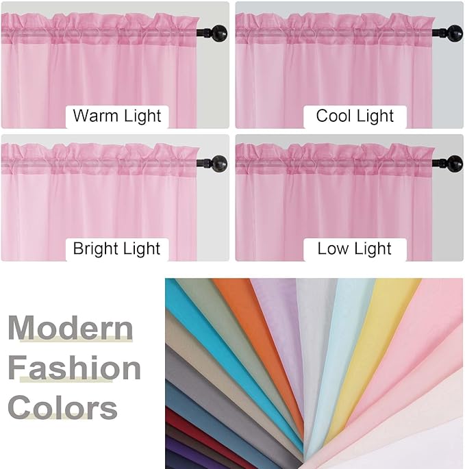 Kitchen Curtains 24 Inch Length Tier 2 Pieces, Pink Sheer Curtain Solid Soft Sheer Short Curtains for Windows, Cafe Bathroom Basement Rod Pocket Drapes, Pink, Each 42" Wx24 L Inches