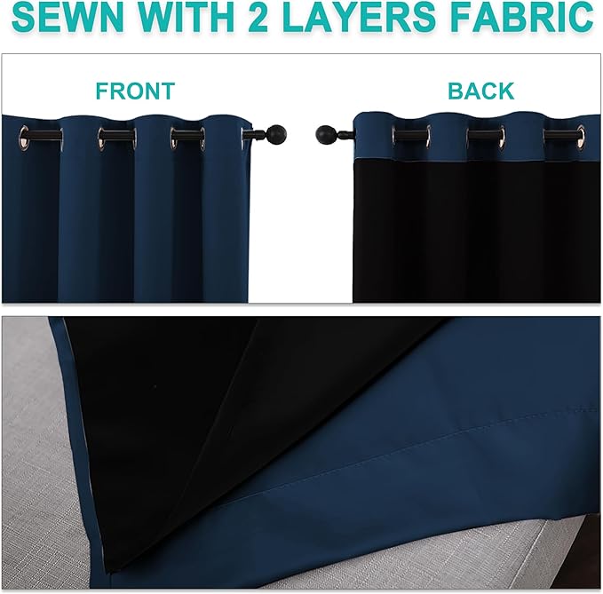 NICETOWN 100% Blackout Curtains with Black Liners, Solid Thermal Insulated Full Blackout 2-Layer Lined Drapes, Energy Efficiency Window Draperies for Bedroom (2 Panels, 42" W by 63" L, Moroccan Blue)