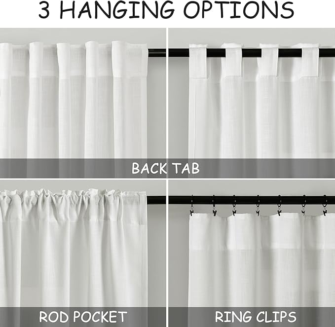 Nanspring Off White Cafe Curtains 45 Inch Length Set 2 Panel Back Tab Pocket Semi Sheer Short Linen White Curtain Tiers for Small Bathroom Window Basement 52x45
