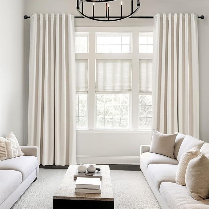 Topfinel 132 Inch Curtains Extra Long Living Room for Large Window 11 FT 2 Panels Natural Ivory Birch Linen Texture Thermal Insulated Energy Saving Drapes for Living Room Sliding Door (W52 x L132 x2)
