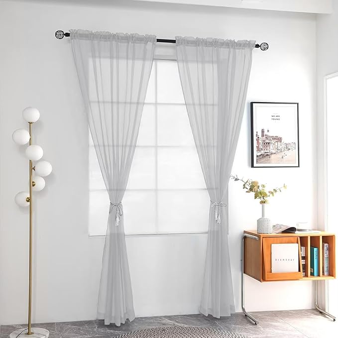 youleyar Solid Sheer Rod Pocket Curtain Voile Draperies 2 Panels White Beige Black Grey Ivory 52 Inch Width 72 Inch Long 1 Pair for Kitchen Bedroom Children Living Room Yard (Silver Grey,52Wｘ72L)