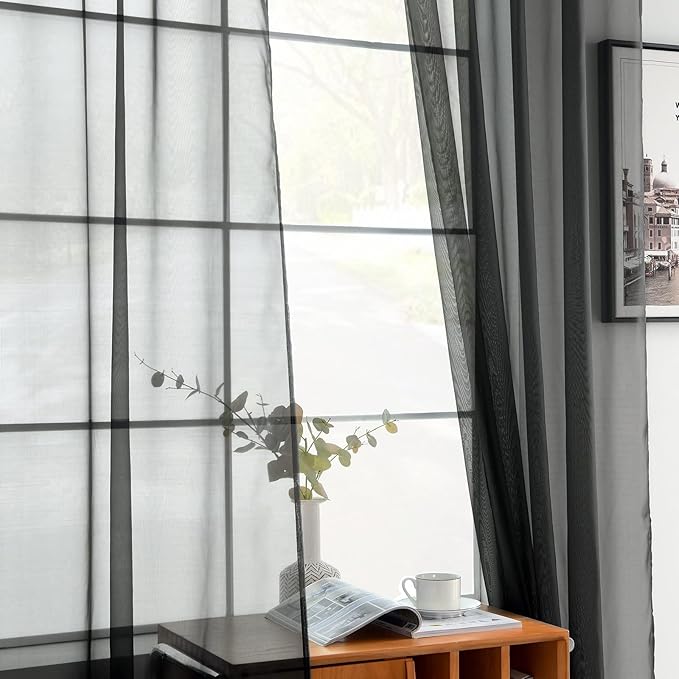 youleyar Solid Sheer Rod Pocket Curtain Voile Draperies 2 Panels White Beige Black Grey Coffee 70 Inch Width 108 Inch Long 1 Pair for Kitchen Bedroom Children Living Room Yard(Black,70Wｘ108L)