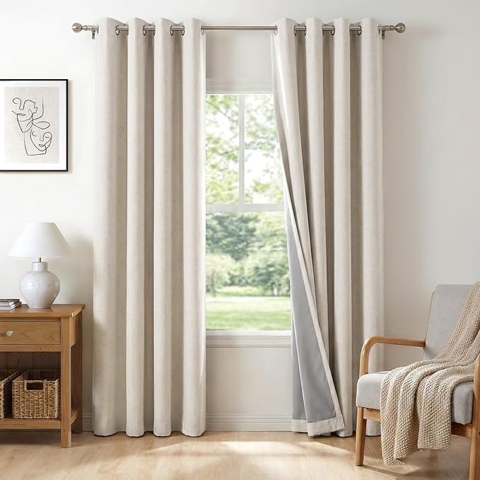 100% Blackout Shield Linen Blackout Curtains for Bedroom, Beige Grommet Curtains for Living Room, Thermal Insulated Room Darkening Drapes for Nursery, Boho Home Decor, 50" W x 72" L, 2 Panels